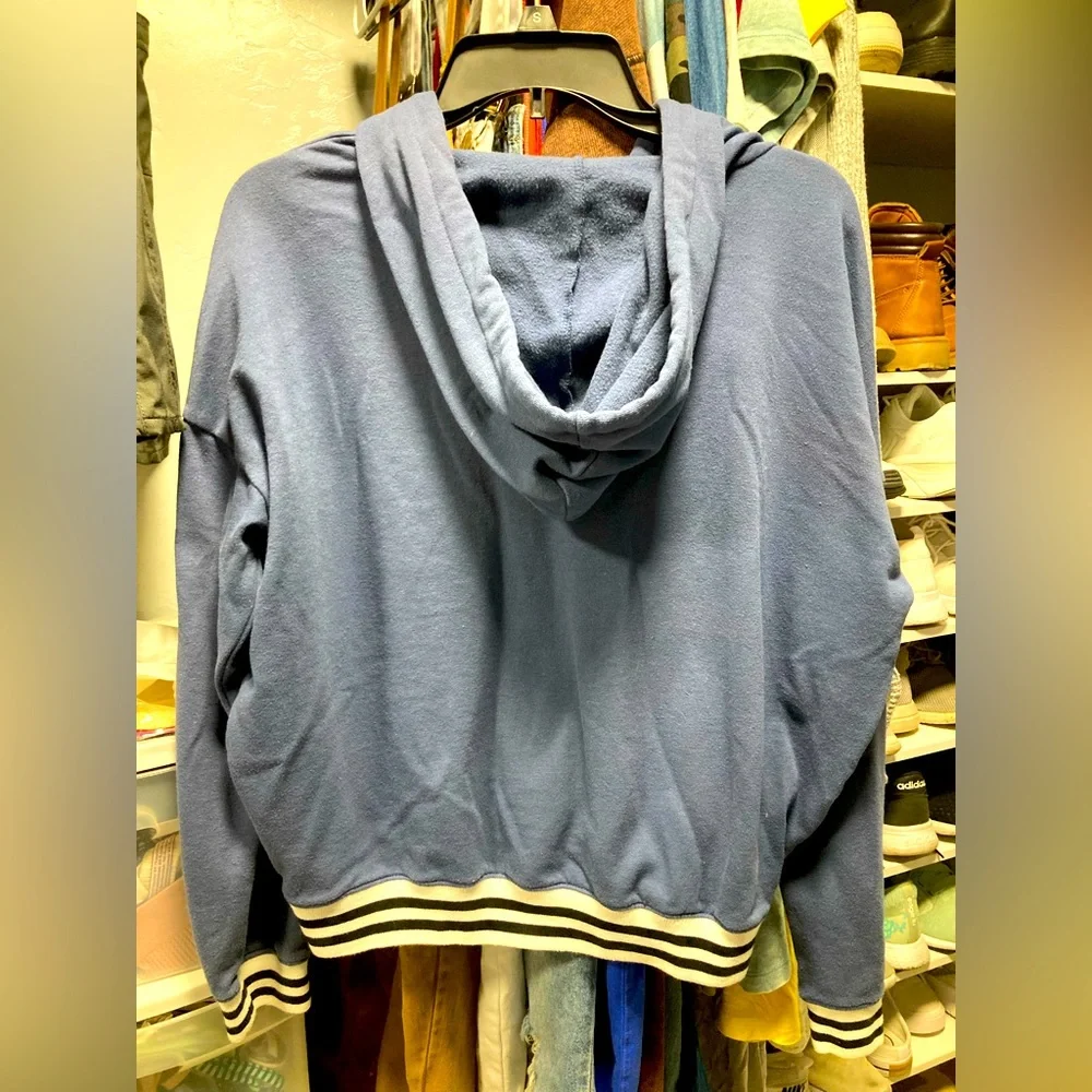Free Press Blue Hooded Pullover With Black and White Striped Hem - Picture 2 of 3